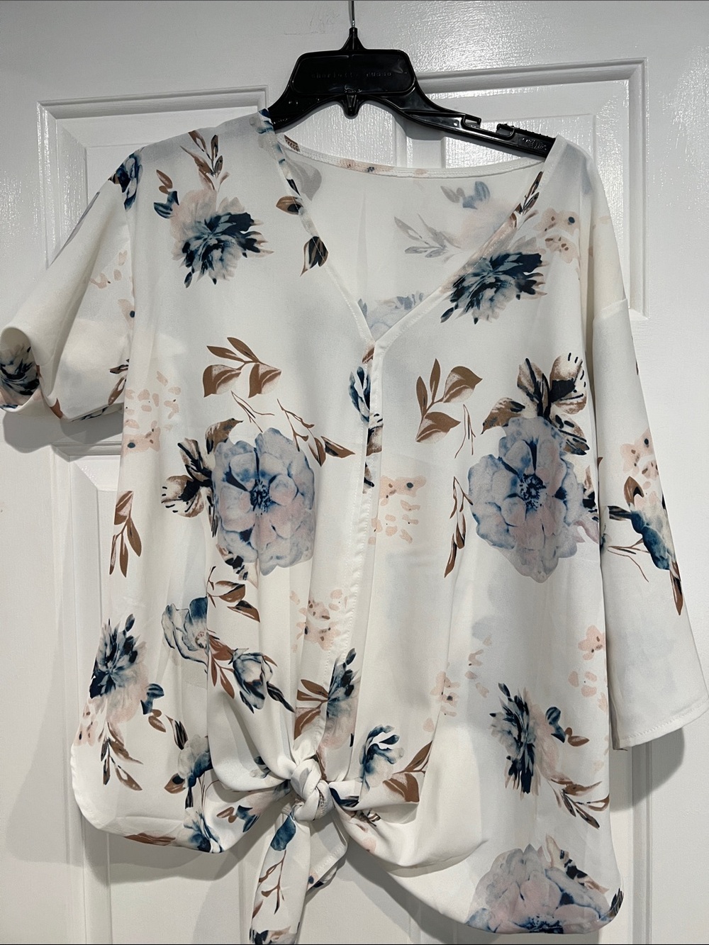Floral Tie-Front V-Neck Blouse - White with Blue & Taupe Flowers